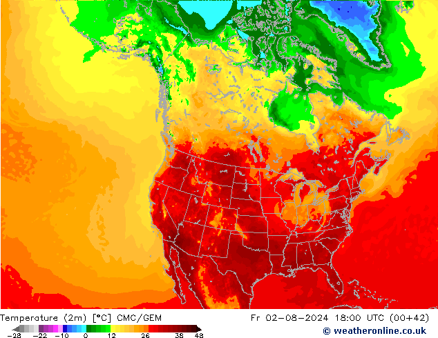 Temperatuurkaart (2m) CMC/GEM vr 02.08.2024 18 UTC