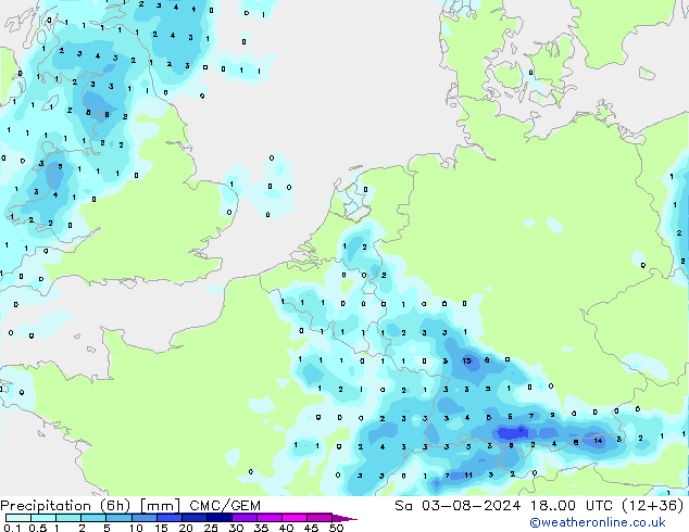 降水量 (6h) CMC/GEM 星期六 03.08.2024 00 UTC