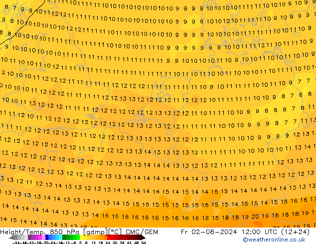 Hoogte/Temp. 850 hPa CMC/GEM vr 02.08.2024 12 UTC