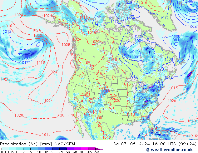 Totale neerslag (6h) CMC/GEM za 03.08.2024 00 UTC