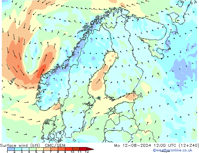 Wind 10 m (bft) CMC/GEM ma 12.08.2024 12 UTC