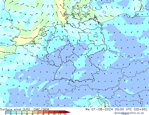 �N 10 米 (bft) CMC/GEM 星期三 07.08.2024 00 UTC