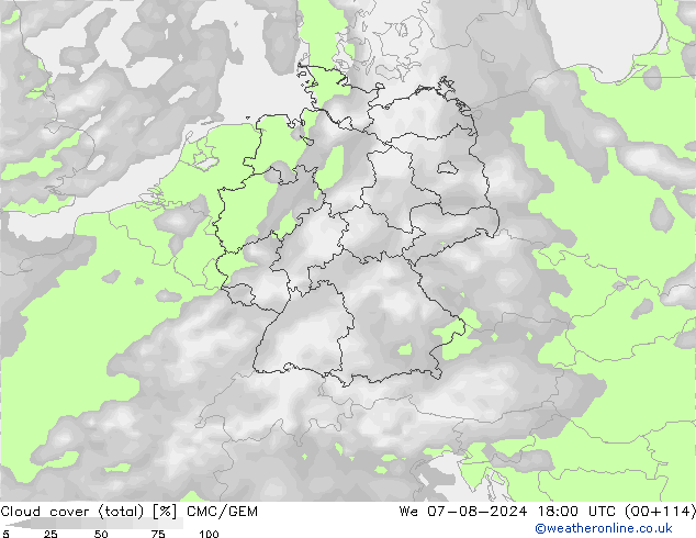 Bewolking (Totaal) CMC/GEM wo 07.08.2024 18 UTC