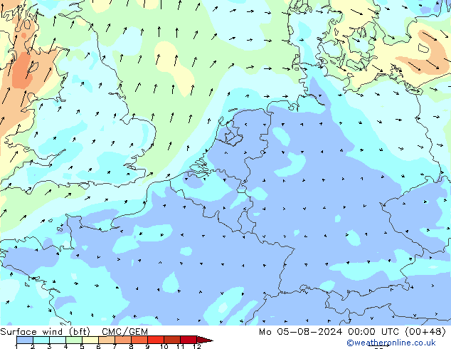 Wind 10 m (bft) CMC/GEM ma 05.08.2024 00 UTC