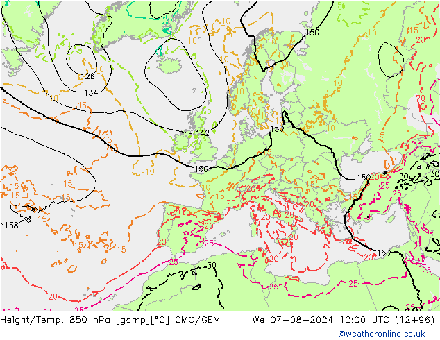 Hoogte/Temp. 850 hPa CMC/GEM wo 07.08.2024 12 UTC