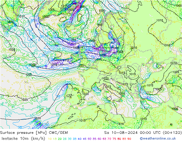 10米等风速线 (kph) CMC/GEM 星期六 10.08.2024 00 UTC