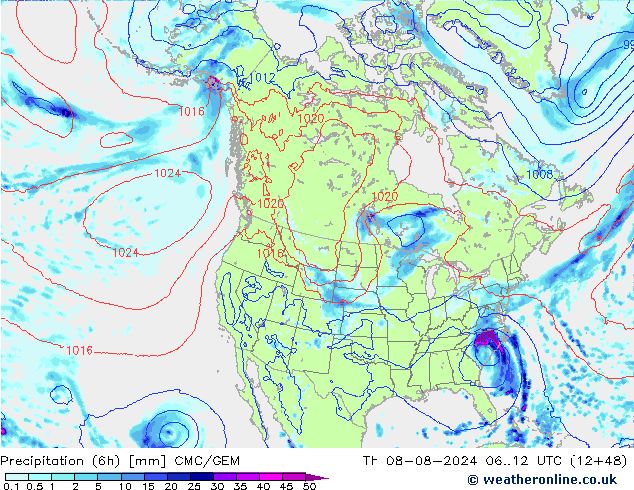 Totale neerslag (6h) CMC/GEM do 08.08.2024 12 UTC