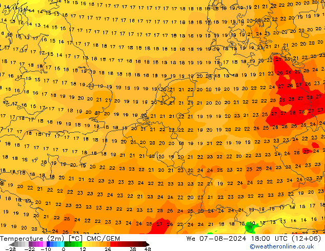 Temperatuurkaart (2m) CMC/GEM wo 07.08.2024 18 UTC