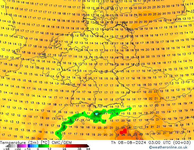 Temperatuurkaart (2m) CMC/GEM do 08.08.2024 03 UTC