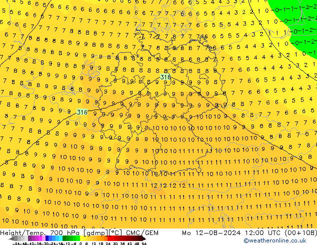 Hoogte/Temp. 700 hPa CMC/GEM ma 12.08.2024 12 UTC