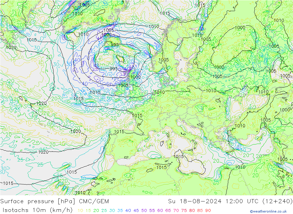 Isotachen (km/h) CMC/GEM zo 18.08.2024 12 UTC