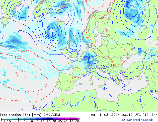 降水量 (6h) CMC/GEM 星期三 14.08.2024 12 UTC