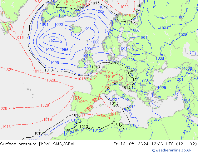 Luchtdruk (Grond) CMC/GEM vr 16.08.2024 12 UTC