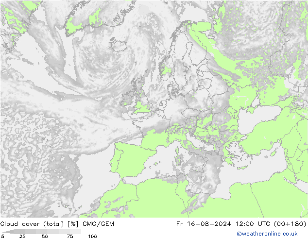 Bewolking (Totaal) CMC/GEM vr 16.08.2024 12 UTC