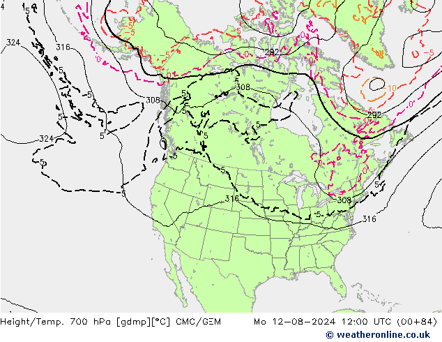 Height/Temp. 700 hPa CMC/GEM 星期一 12.08.2024 12 UTC