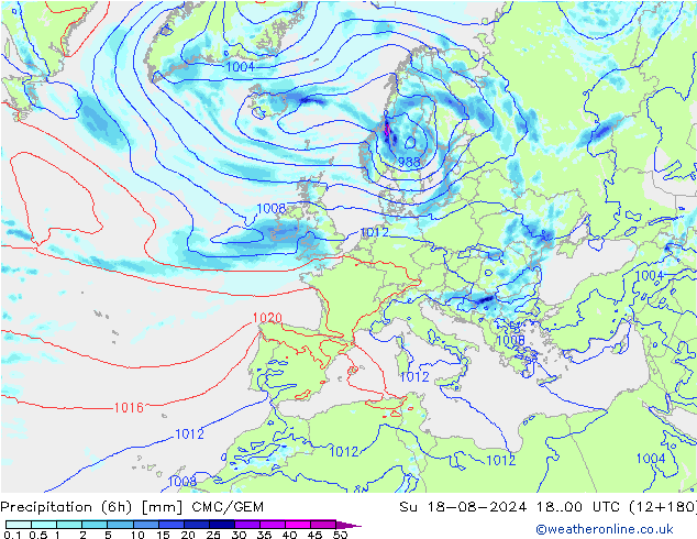 Totale neerslag (6h) CMC/GEM zo 18.08.2024 00 UTC