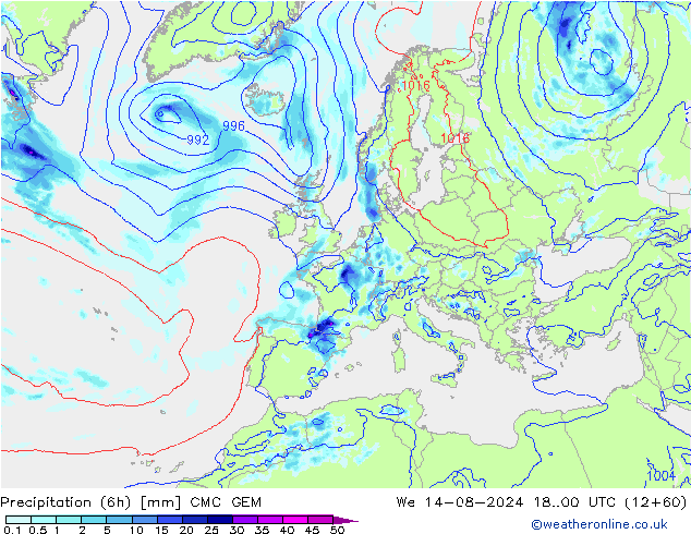 Totale neerslag (6h) CMC/GEM wo 14.08.2024 00 UTC