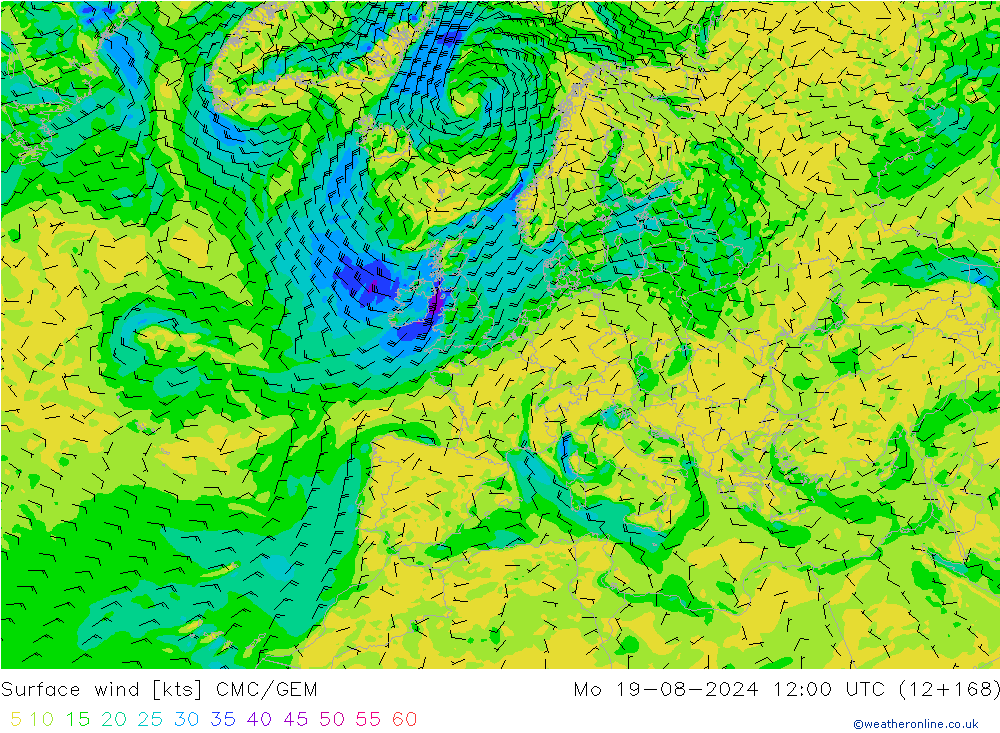 风 10 米 CMC/GEM 星期一 19.08.2024 12 UTC