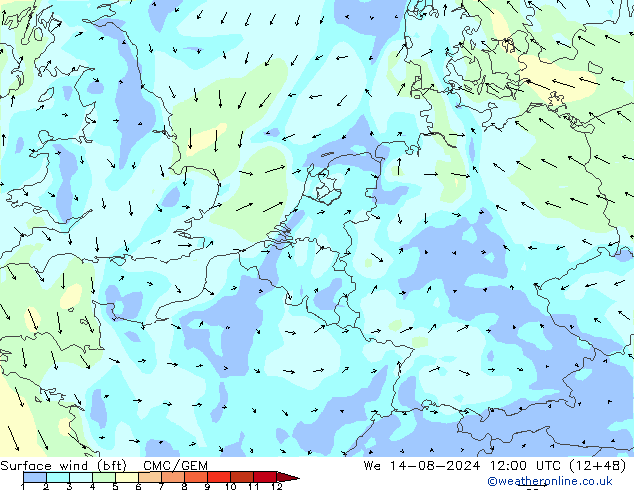 Wind 10 m (bft) CMC/GEM wo 14.08.2024 12 UTC