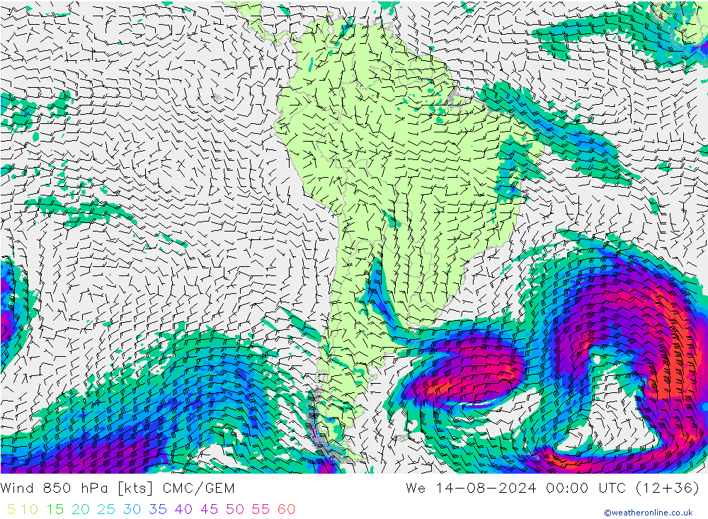 Wind 850 hPa CMC/GEM wo 14.08.2024 00 UTC