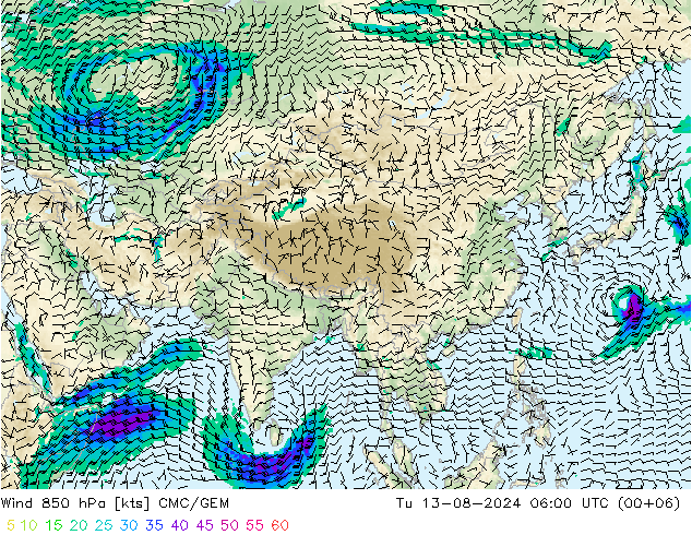 Wind 850 hPa CMC/GEM di 13.08.2024 06 UTC