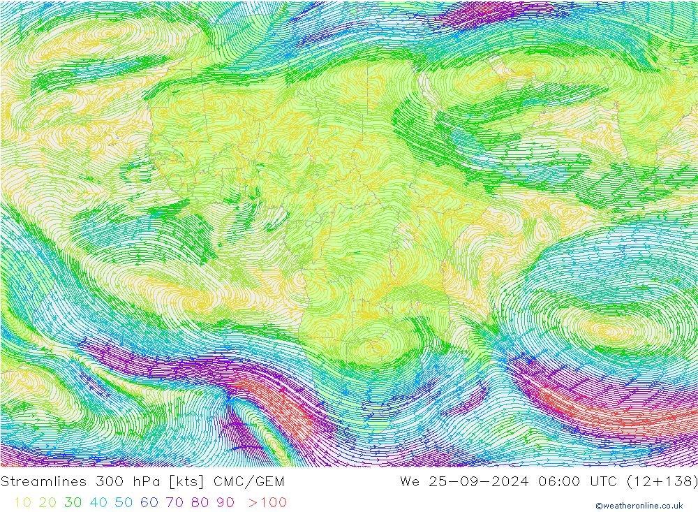 Linia prądu 300 hPa CMC/GEM śro. 25.09.2024 06 UTC