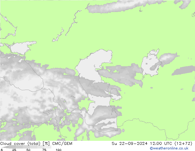 Cloud cover (total) CMC/GEM Ne 22.09.2024 12 UTC