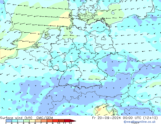 wiatr 10 m (bft) CMC/GEM pt. 20.09.2024 00 UTC