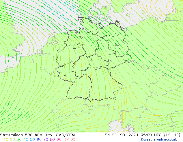 Stromlinien 500 hPa CMC/GEM Sa 21.09.2024 06 UTC