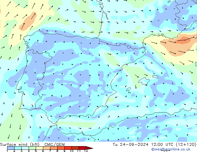 Wind 10 m (bft) CMC/GEM di 24.09.2024 12 UTC