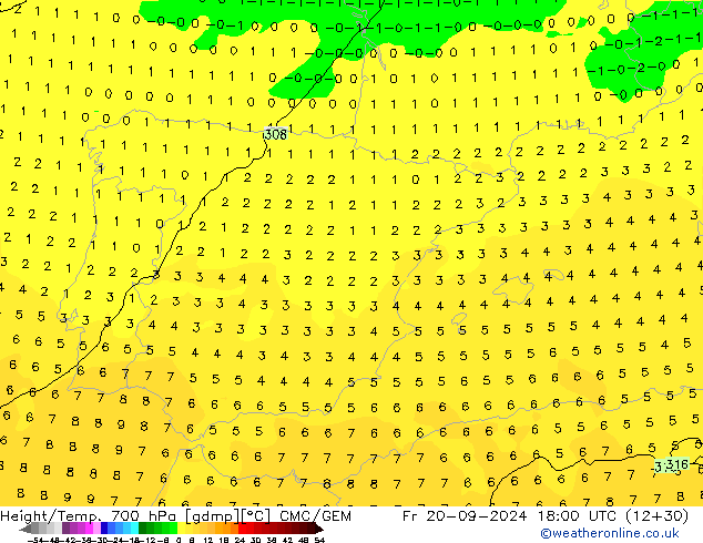 Yükseklik/Sıc. 700 hPa CMC/GEM Cu 20.09.2024 18 UTC