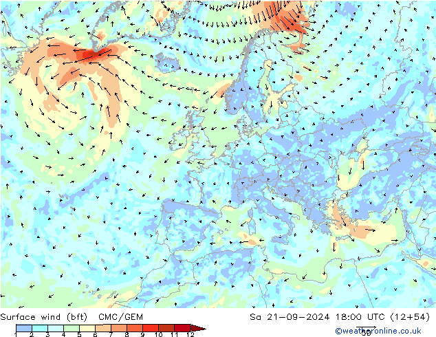 Surface wind (bft) CMC/GEM So 21.09.2024 18 UTC