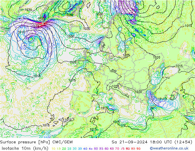 Isotachen (km/h) CMC/GEM Sa 21.09.2024 18 UTC