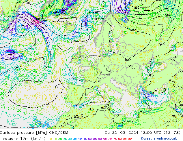 Isotachen (km/h) CMC/GEM zo 22.09.2024 18 UTC