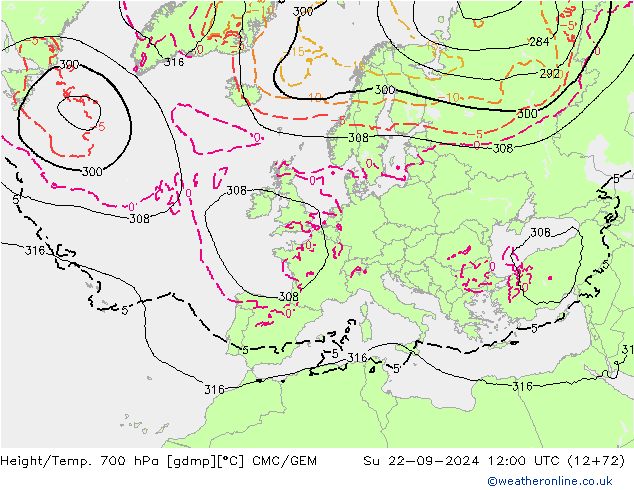 Height/Temp. 700 hPa CMC/GEM So 22.09.2024 12 UTC