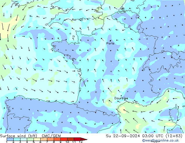 Surface wind (bft) CMC/GEM Su 22.09.2024 03 UTC