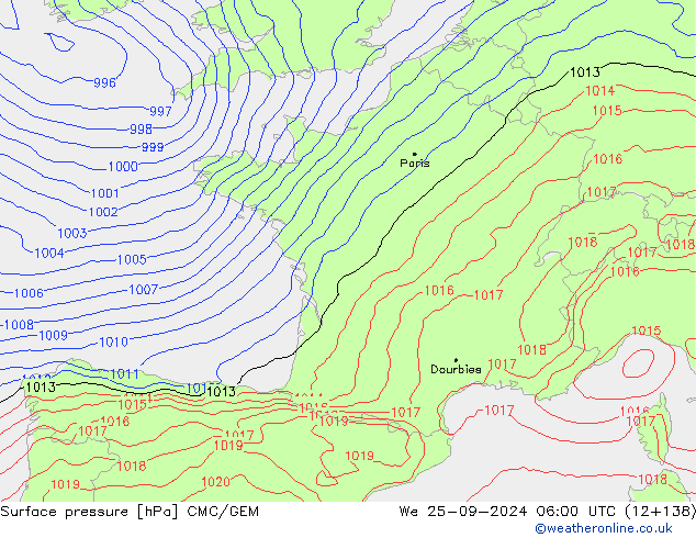 Surface pressure CMC/GEM We 25.09.2024 06 UTC