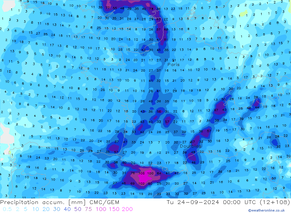 Precipitation accum. CMC/GEM Út 24.09.2024 00 UTC