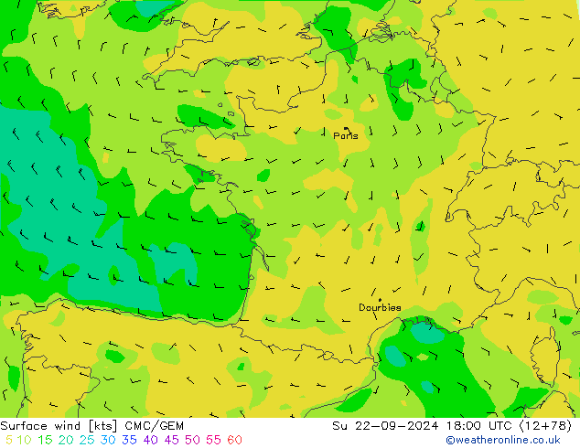 Rüzgar 10 m CMC/GEM Paz 22.09.2024 18 UTC