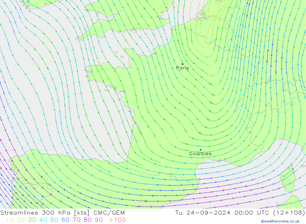 Stroomlijn 300 hPa CMC/GEM di 24.09.2024 00 UTC