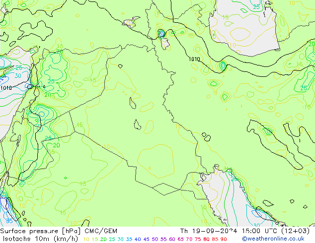 Isotachs (kph) CMC/GEM Čt 19.09.2024 15 UTC