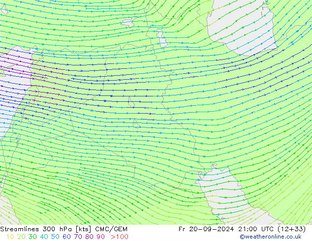 Streamlines 300 hPa CMC/GEM Fr 20.09.2024 21 UTC