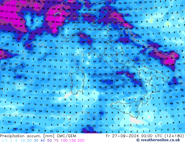 Precipitation accum. CMC/GEM Pá 27.09.2024 00 UTC