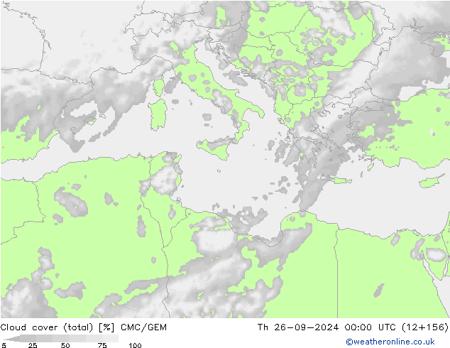 Cloud cover (total) CMC/GEM Čt 26.09.2024 00 UTC