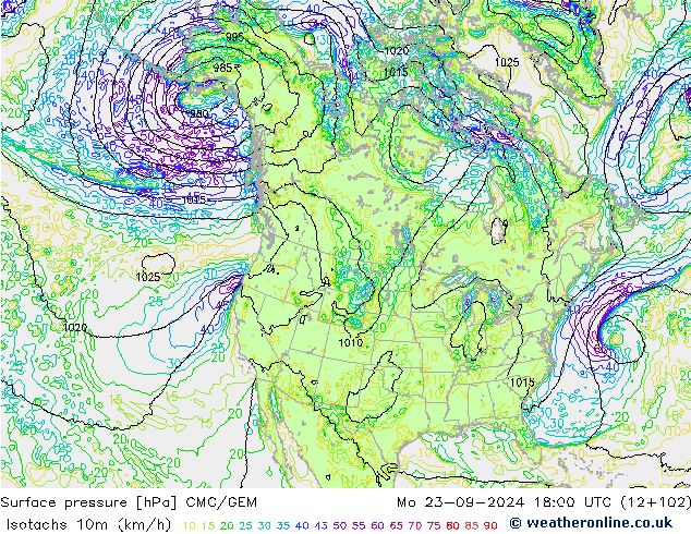 Isotachs (kph) CMC/GEM Mo 23.09.2024 18 UTC