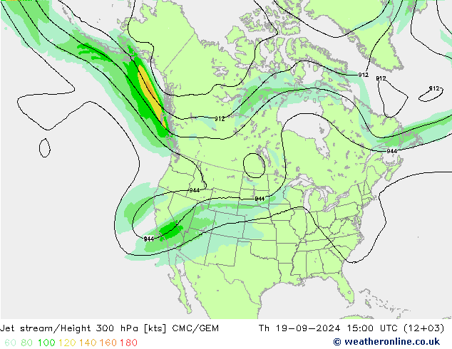 Jet stream/Height 300 hPa CMC/GEM Th 19.09.2024 15 UTC