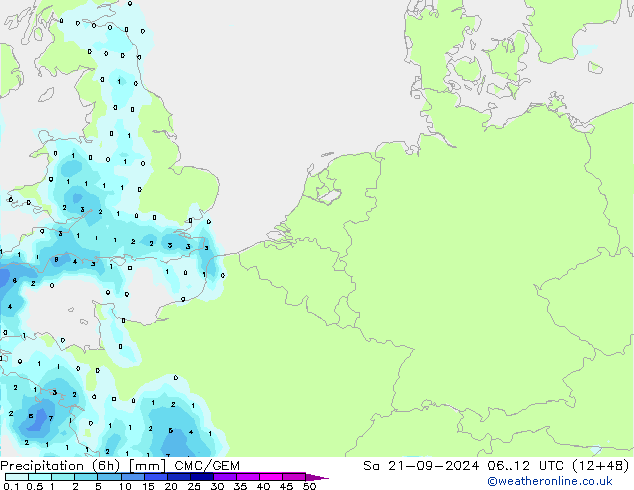 Precipitation (6h) CMC/GEM Sa 21.09.2024 12 UTC