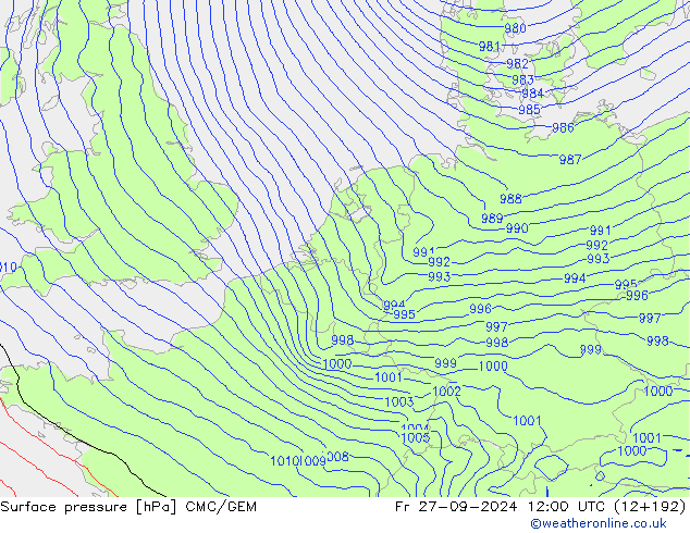 Surface pressure CMC/GEM Fr 27.09.2024 12 UTC