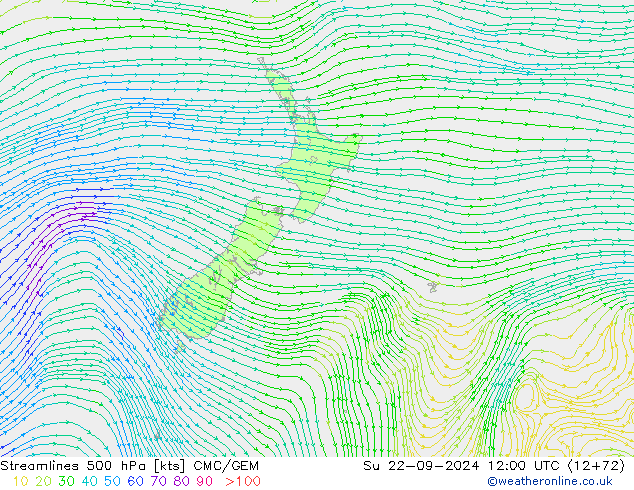 Linea di flusso 500 hPa CMC/GEM dom 22.09.2024 12 UTC