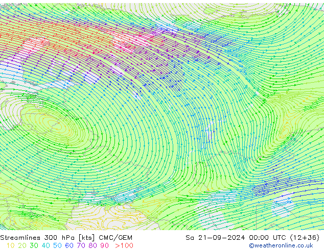 Streamlines 300 hPa CMC/GEM Sa 21.09.2024 00 UTC